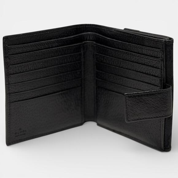 Gucci Vintage Y2K Black GG Canvas Wallet Double Bifold Coin Snap Gold Logo COA - Picture 3 of 15